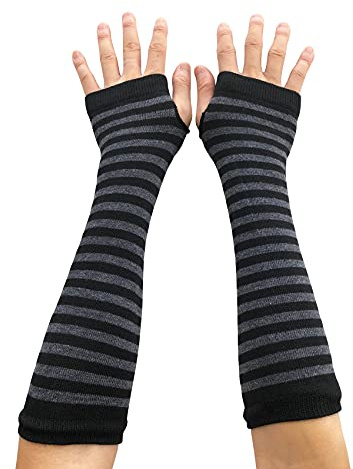 SYAYA Frauen Gestreifte Lange Fingerlose Handschuhe, Winter Gestrickte Armstulpen Für Punk Rock/Cosplay/Goth/Weihnachtsfeier WM-S-G5, Schwarz mit dunkelgrauen Streifen, Einheitsgröße