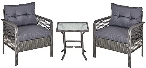 Outsunny Conjunto de Muebles de Ratán 3 Piezas de Jardín con 2 Sillones 65x66x75 cm y Mesa de Vidrio Templado 50x50x50 cm con Cojines Acolchados para Terraza Patio Exterior Gris