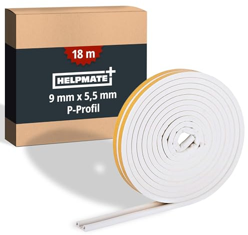 HELPMATE – Dichtungsband P‑Profil 9x5,5 mm – 18 m – Spaltmaß 2,5-5 mm | Weiße & selbstklebende Fensterdichtung und Türdichtung – Profildichtung zur Isolierung kleiner Spalten