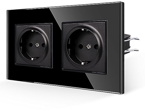 JIMEIDA Doppelsteckdose, Glas schwarz, 16A, 157x86mm | Steckdose, 16A, Glas Panel, Kindersicherung, Feuerfest, Unterputz, 157x86mm, schwarz