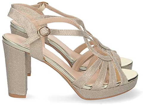 shoes&blues.es Sandalia de Tacon para Mujer, Comoda, con Pala en T, Estampado Brillante, y Cierre de Hebilla, Otono Invierno 2022