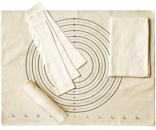 6 Pcs Pastry Cloth and Rolling Pin Cover Set, 25 x 20 in Cotton Mat | Cotton Dough Rolling Mat, 4 Sleeves Included, Non-Stick Surface, Pie Bread Baking, Reusable Pastry Mat Set