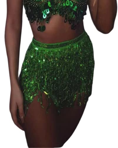 ORANDESIGNE Sexy Bauchtanz Kostüm Damen Fransen Pailletten Rock Hüfte Quaste Hüfttuch Funkeln Wrap Rave Kostüm A Grün Einheitsgröße