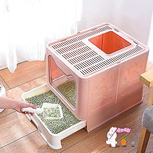 Bandeja de arena para gatos, gran casa de aseo de gato plegable con tapa, bandeja de cajón y pala para caña, portátil, WC para gatos con tapa para gatos grandes y pequeños, 51 x 41 x 38 cm