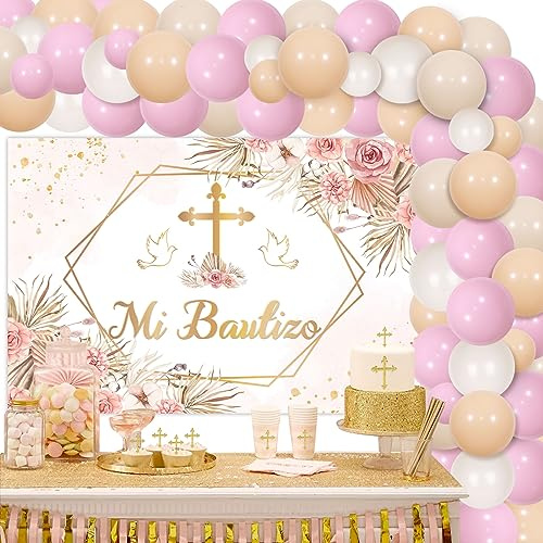 Decoraciones de fiesta de bautizo bohemio para niñas, kit de arco de guirnalda de globos bohemios con fondo Mi Bautizo, fondo de paloma de paz y cruz de bautizo, suministros de fiesta de confirmación