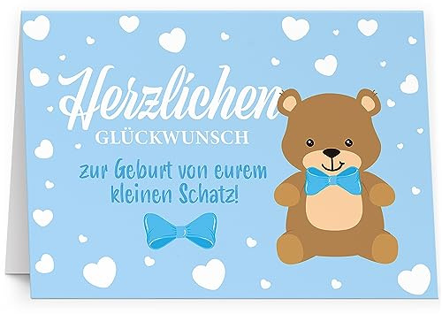XXL Glückwunschkarte (A4) zur Geburt Junge Blau Schleife Bär - hochwertige Klappkarte | Große Karte Grußkarte Glückwunsch mit Umschlag Baby Eltern