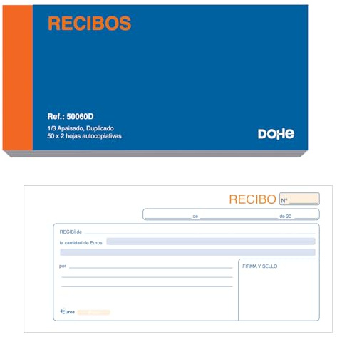 Dohe - Talonarios Recibos de Pago Duplicados (10 uds.) - Blocs para Alquiler, Compras o Cobros, 50 Hojas con Copia por Talonario, Tamaño 21x10 cm, Material de Oficina
