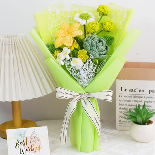 Nikuoan Handgefertigter gehäkelter Rosenstrauß mit Gänseblümchen-Vergissmeinnicht, gestrickte künstliche ewige Blumen mit exquisiter Verpackung, Geschenk für Freundin, Mutter, Frauen, perfekt für