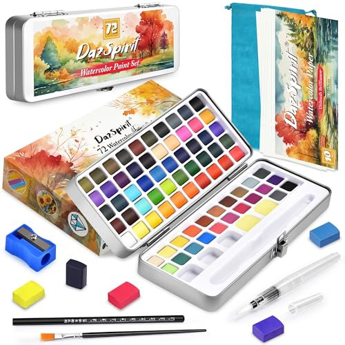 DazSpirit 72 Aquarellfarben Set, Wasserfarben-Kit in Metallbox, Inklusive 50 Metallic- und 22 Fluoreszenzfarben, aquarell set Inkl. Zubehör für Malerei & Kunst, Ideal für Künstler und Hobbymaler