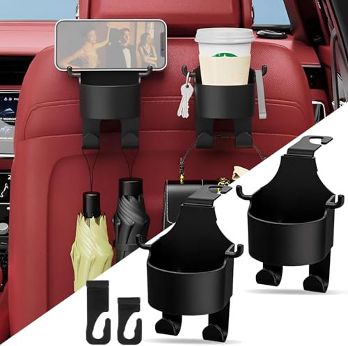 Norhogo 2 Pcs 2 in 1 headrest cup holder for cars, Car Seat Headrest Cup Holder with Hooks, Universal car cup holder headrest for Mobile Phone Holder, Bottle Bag, Headrest Accessories, Black