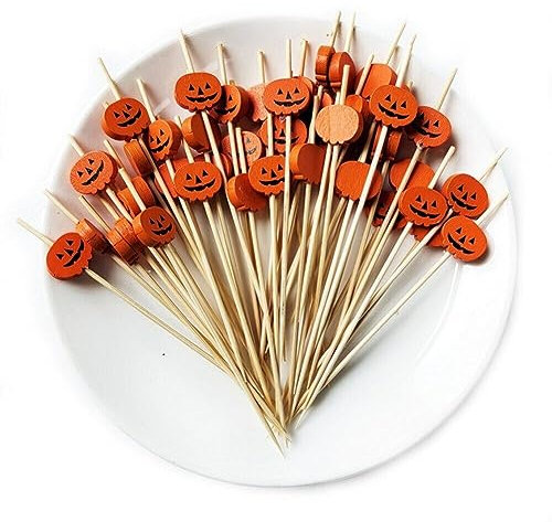Lpitoy 100pcs Halloween Kürbis Bambus Spieße Obstgabel Dessert Salat Gemüse Zahnstocher Spieß Cocktailstangen Halloween Dekor