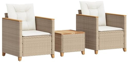 vidaXL Bistro Set 3-TLG., Balkonset mit Kissen, Sitzgruppe für Garten Terrasse Balkon, Gartenmöbel 2 Stühle 1 Tisch, Balkonmöbel Gartenset, Beige Poly Rattan Akazienholz