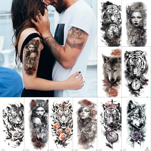 Aivoch 10 Blätter Realistische Tiere Temporäre Tattoo Große Größe für Männer Frauen Erwachsene, Wolf Tiger Eule Rose Tattoos, langlebige wasserdichte Halbarm Ärmel gefälschte Tattoo Aufkleber