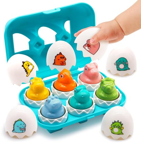 MOONTOY Huevo de dinosaurio a juego para niños pequeños de 1, 2 y 3 años, regalo de Pascua, 6 piezas, juguete educativo Montessori, clasificación de colores, huevos de Pascua, juguete para niños de 12