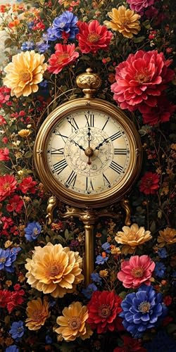 WEEPEF Blume Uhr Malen Nach Zahlen, Malen Nach Zahlen Erwachsene, DIY Handgemalt Ölgemälde Kit für Anfänger mit 6-Pinseln und Acrylfarbe, Paint by Numbers Set für Wandkunst Dekoration 20x40cm Y-3159