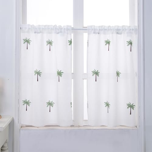 Dreamskull Scheibengardinen Bistrogardine Küche Kurz Modern Landhaus Bistro Halb Transparent Kurzstores Gardinen Kurzgardinen Kurzvorhang Kleinfenster mit Stickerei Blumen Muster 2er Set Wohnzimmer