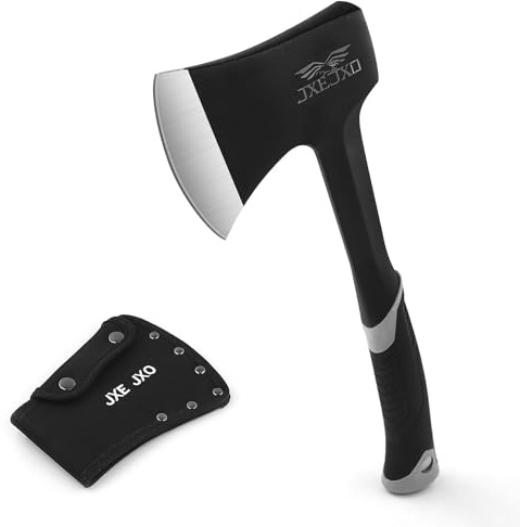 JXE JXO Camping Axe & Hatchets - 14.4 Chopping Axe with Sheath, Forged Steel Construction & Ergonomic Shock-Absorbing Grip (Grey