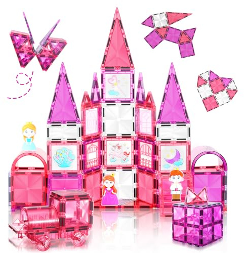 W Wise Block Magnetische Bausteine 101PCS mit Autos, Prinzessin Magnetische Bauklötze, STEM Konstruktionsspielzeug für 3 4 5 6 7 8 Jahre Junge Mädch, Rosa | STEM‑Spielzeug für kreatives 3D‑Bauen. BPA‑freies ABS, starke Magnete. Ideal für Kinder ab 3‑8 Jahren.