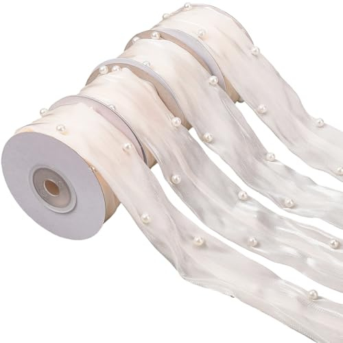 CABODYALS 4 Rolls 18M 40mm Champagne Sheer Ribbon Pearl Chiffon Organza Shimmer Lace Trims Transparent Silk Flower Bouquets Ribbons for Gift Wrapping Craft Christmas Wedding Invitations Decor Diy