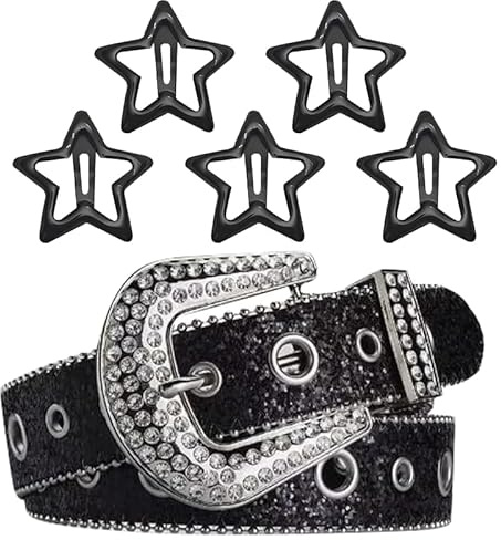 JAONLD Rhinestone Belt Women Y2k Belts Leather Western Cowgirl Belt Black Studded Bling Diamond Waist Belts for Jeans Dresses Pants with 5 pcs Star Hair Clips