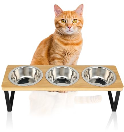Set di 3 ciotole rialzate per cibo per gatti, in acciaio inox, con supporto inclinato di 15°, ciotola rialzata per cibo e acqua, stazione di alimentazione per animali domestici in bambù di alta