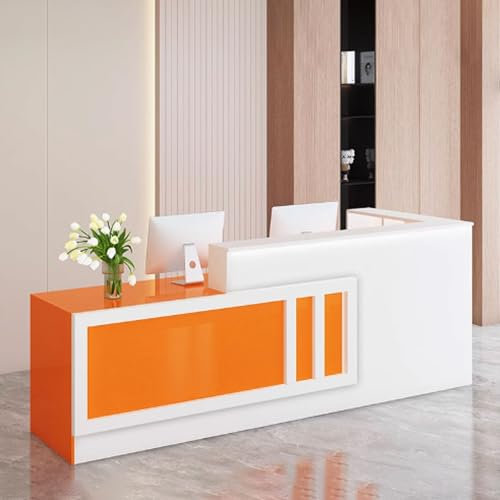 GUQASDV Empfangstheke Rezeption, Empfangstresen für Praxis, Reception Desk Salon, Reception Table mit Sanfter Beleuchtung for Geschäfte, Restaurants(White+orange,S)