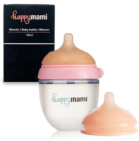 HappyMami, Biberon su Misura con Tettarella in Silicone Medico + Tettarella Personalizzabile, senza BPA, doppio Sistema Anticolica, Lavabile in Lavastoviglie (Rosa 150 ml)