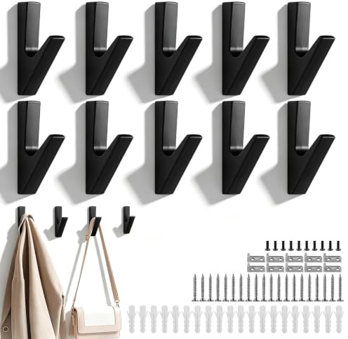 WJUAN 10x Porte-manteau mural noir – Crochets muraux en aluminium, forme en V avec Vis & Chevilles – Pour salle de bain, Cuisine, Entrée, Salon