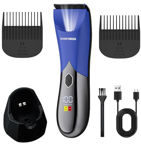 BarberBoss Rifinitore per uomo per corpo e zone intime, tagliacapelli blu ricaricabile per peli pubici con velocità turbo, USB-C, display LED e design impermeabile