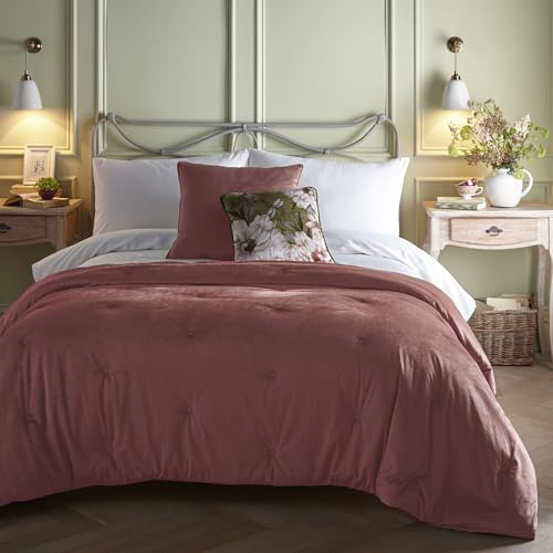 Appletree Heritage Velvet Bedspread, Pink, 100% Polyester, 150 x 220 cm, Quilted, Plain Dye Design with Floral Reverse