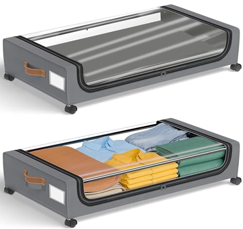 ANTREATU 2-Pack Under Bed Storage Box with Lid 48L Underbed Storage with Wheels Rolling Steel Frame Underbed Containers for Clothes, Blankets, Shoes | Space Saving Design (Grey)