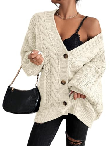 BUhuiBabubu Cardigans for Women UK - Womens Oversized Chunky Open Front Cardigan Sweaters Autumn Winter Cable Knit Long Sleeve Button Down Cardigans Outwear Coats Mum Birthday Gifts,Beige,L,u779k