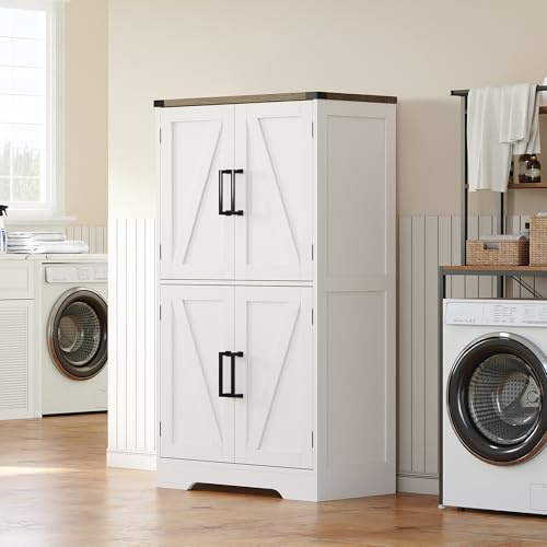 Treocho Farmhouse Bathroom Floor Cabinet with Adjustable Shelves | 13.78D x 23.62W x 43.46H, Freestanding Kitchen Pantry Cabinet, Cupboard for Living Room, Dining Room, White