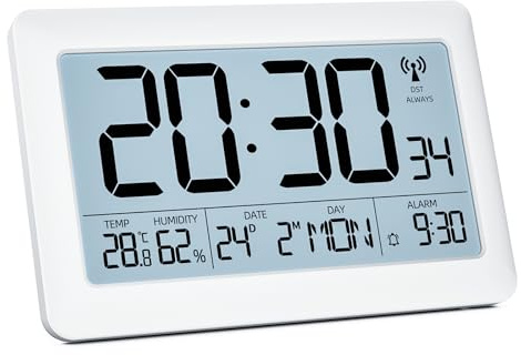 LATEC Horloge Numérique Murale, Reveil Digitale Radiopilotée Grand Écran LCD 7,5 - Horloge Numérique à Piles avec Température/Humidité/Calendrier - Alarme/Snooze – Rétroéclairage