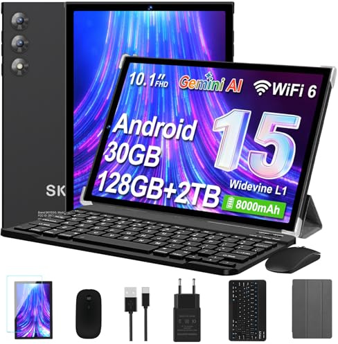 SKYEGG Tablet 10 Pulgadas Android 15 con Gemini AI, 30GB RAM + 128GB ROM Ampliable 2TB, Octa-Core, WiFi 6 BT 5.0, Widevine L1, Batería 8000mAh, Teclado, Ratón y Funda, Cuerpo Metálico - Negro Grafito