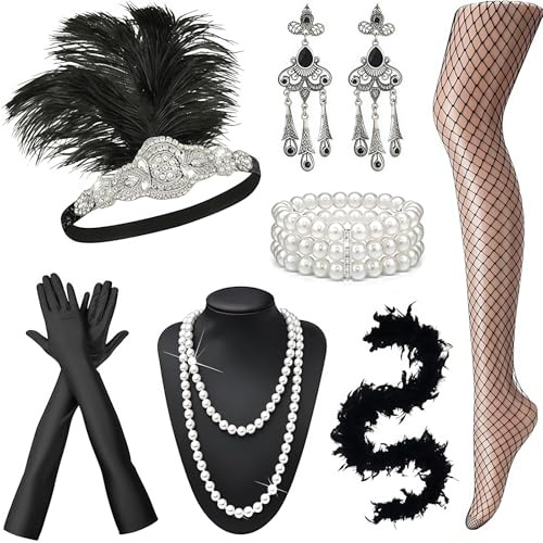 CHarmeFleur 1920er Jahre Große Gatsby Accessoires Set für Frauen Kopfschmuck Stirnband Flapper Kostüm