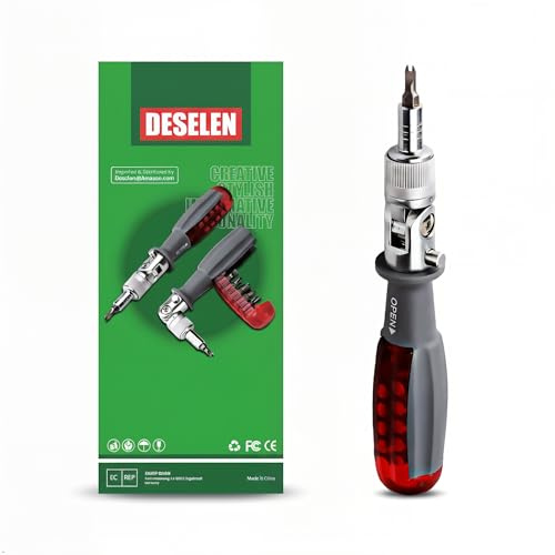 Deselen 10-in-1 Ratcheting Screwdriver Set with 180° Pivot Head, Magnetic Bits, All-in-Handle Design, Compact Multi-Bit Tool for Home DIY, Electronics and Car Repair, Red (Red)