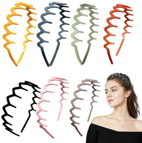 Lot de 7 bandeaux en plastique bouclés et ondulés avec dents antidérapantes et confortables pour porteurs de lunettes, maquillage, lavage et sport (B)