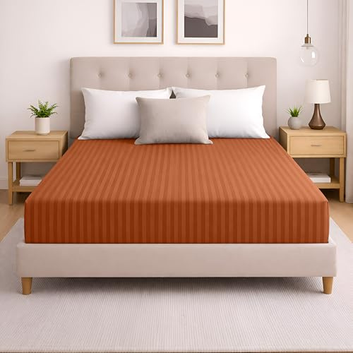 MOONLIGHT20015 Double Fitted Sheet 40CM Extra Deep Pocket Rust Bed Sheets with Satin Stripes Elastic Corners Soft Brushed Microfiber Breathable & Fade-Resistant & Shrinkage Bedsheets