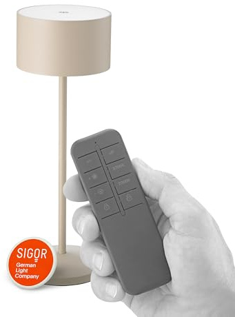 SIGOR Veluna Remote dünenbeige - LED Akku-Tischlampe dimmbar & kabellos mit Fernbedienungsfunktion, FlexMood (2200K/2700K), bis 14h Leuchtdauer, USB-C Ladefunktion, IP44 Outdoor & Indoor