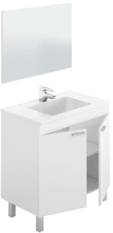 ARKITMOBEL - Mueble de Baño con Patas Modelo LC, Armario de Aseo con 2 Puertas y Espejo, 80x80x45 cm, Acabado Blanco Brillo (Lavabo No Incluido)