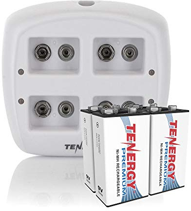 Tenergy TN136 4 Bay 9V Smart Charger with 4 Pieces Tenergy Premium 9V NiMH Rechargeable Batteries