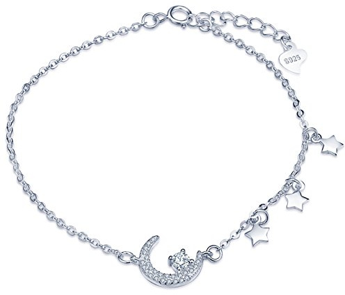 Yumilok Damen Armkette Charm-Armband mit Zirkonia Mond Sterne 925 Sterling Silber Verstellbar Armkettchen Armschmuck für Frauen Mädchen