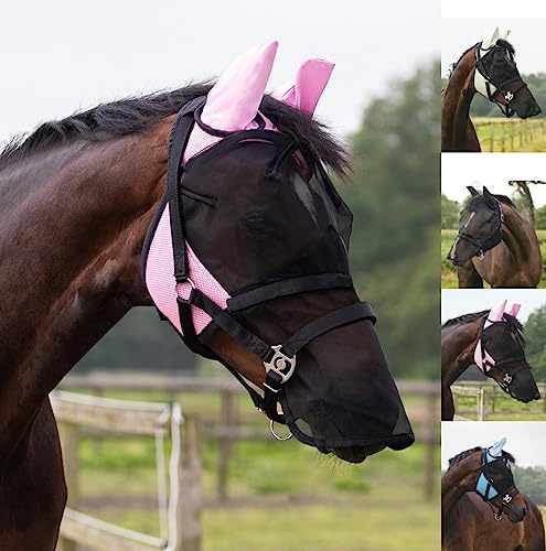 netproshop Fliegenmaske mit Abnehmbarem Nüsternschutz Fliegenhaube Größe Mini-XFull, Groesse:Cob, Farbe:Schwarz/Rosa