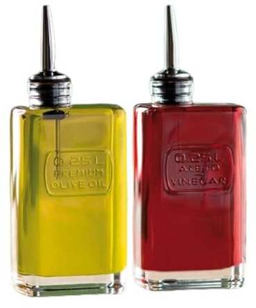 Luigi Bormioli Optima Lot de 2 distributeurs d'huile et de vinaigre en verre avec bec verseur en acier inoxydable 255 ml pour cuisine, fabriqué en Italie.