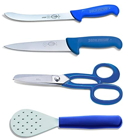 Dick Anglermesser Set 4 teilig mit Fischfiliermesser & Stechmesser 15 cm & Flossenschere & Fischentschupper