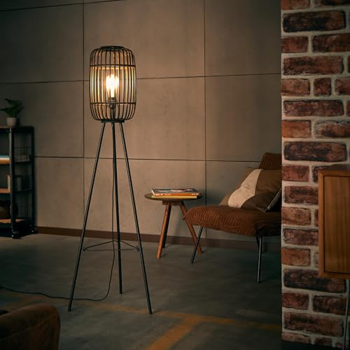 Stilvolle Stehlampe Stehlampe im Naturstil mit Fußschalter Metall/Bambus | stilvolle Dreibein-Lampe - Stehleuchte im Nature-Style mit Fußschalter - Metall/Bambus Braun/Schwarz - 1,3m Höhe