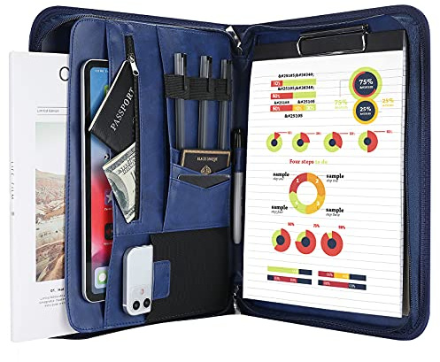 ProCase Portafolio Grande con Cremallera, Portacuaderno Profesional Organiza Documento/Tarjetas/Plumas, Bolsillo de Tableta y Móvil Carpeta de Cuaderno de Notas, Útil para Escuela y Trabajo-AzulMarino