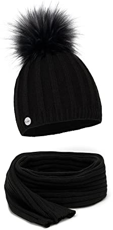 ELIMELI® Kaschmir Mütze Damen Winter warme Strickmütze Wollmütze mit Kaschmir Wintermütze mit Kunstfell Bommel Slouch Strick Beanie Damen für Winter Bommelmütze Hergestellt in EU
