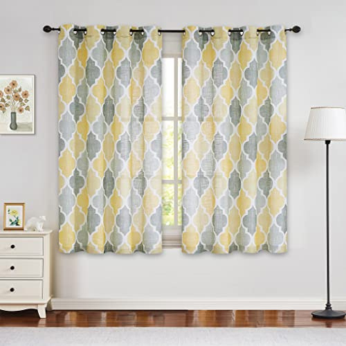 Beauoop Gelb Grau Voile Vorhänge Leinenoptik Rautenmuster Gardinen mit Ösen Geomertrisch Marokkanisch Halbtransparent Ösenvorhang Dekoschal für Schlafzimmer Wohnzimmer 2er Set, 127 x 175cm (HxB)